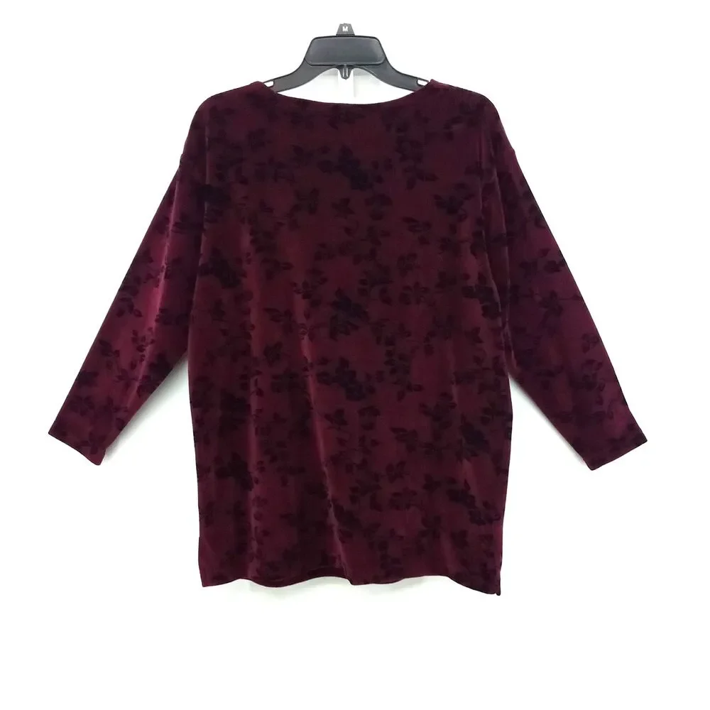 Erika & Company Blouse Women Size PM Burgundy Black Floral Faux Velvet Top